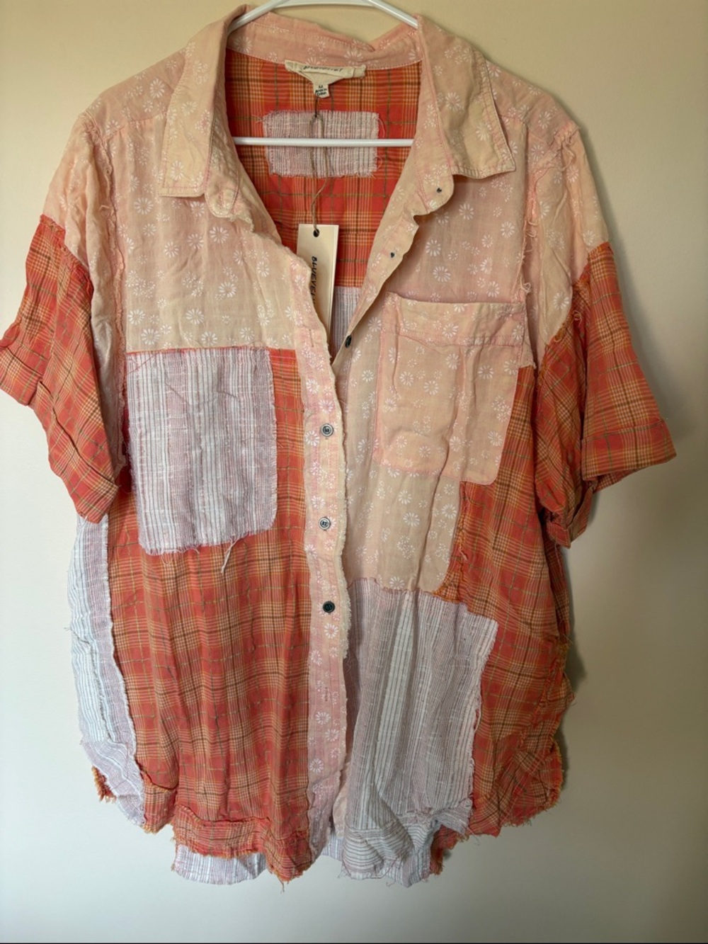Patchwork Button-Up Blouse in Coral & Cream